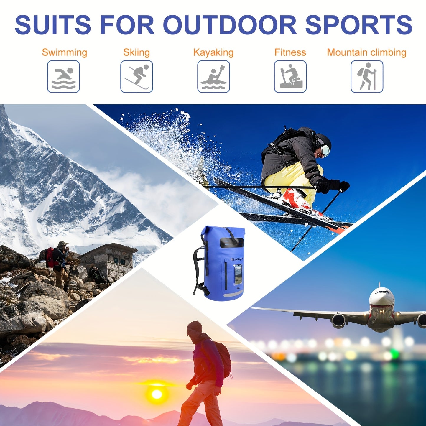 NIVEAYA Heavy Duty Hiking Backpack Roll Top Closure Bag