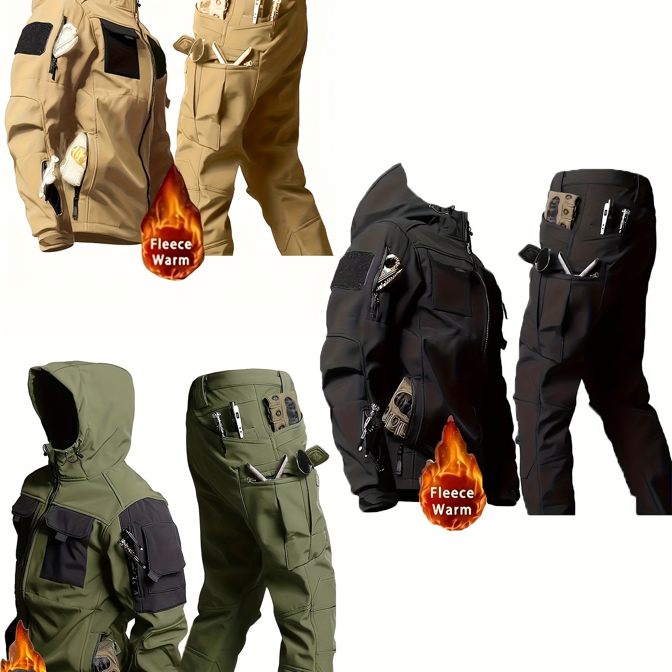 Mens Windproof Lined Hooded Jacket And Pants Set Hiking Gear