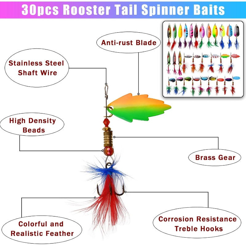 Hard Metal Spinner Baits Fishing Lures Kit for Bass, Trout, Pike, Salmon, Walleye - Freshwater & Saltwater Use, Durable Non-Woven Material