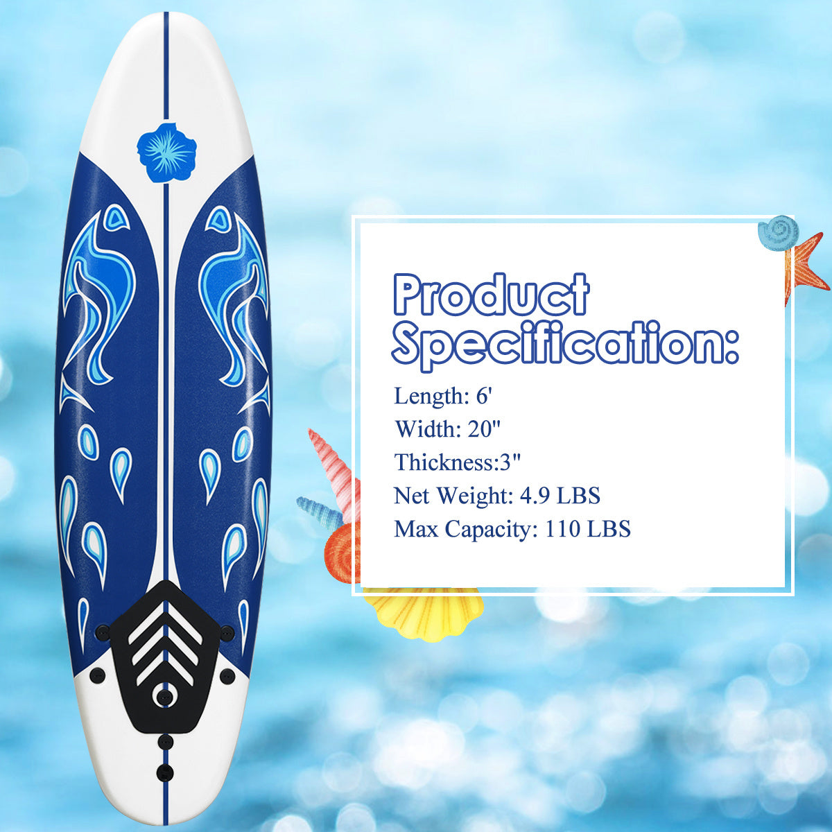 COSTWAY 6' Surfboard Foamie Body Surfing Board W/ 3 Fins Leash for Kids Adults