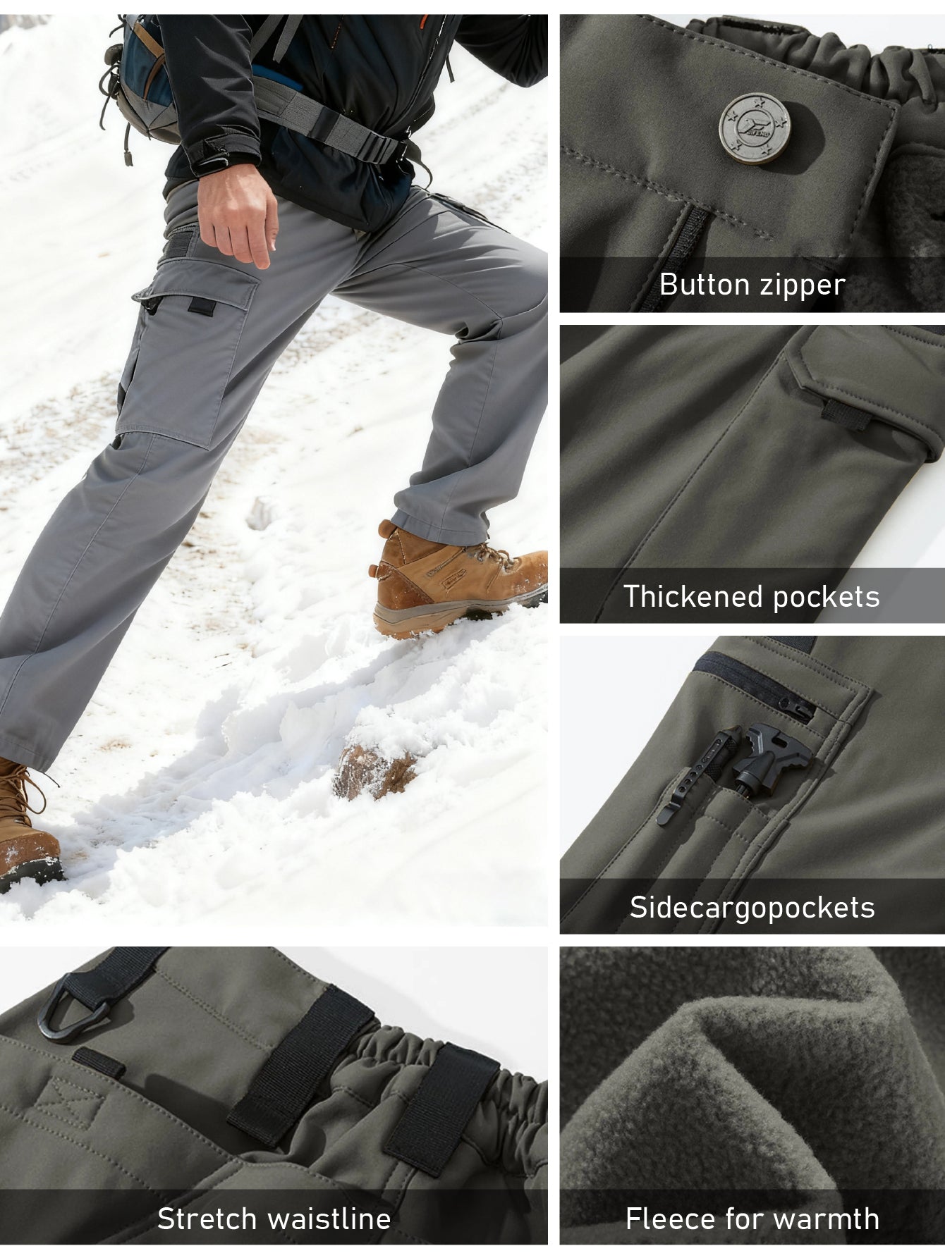 Men's Insulated Windproof Softshell Pants With 9 Pocket Outdoor Trousers