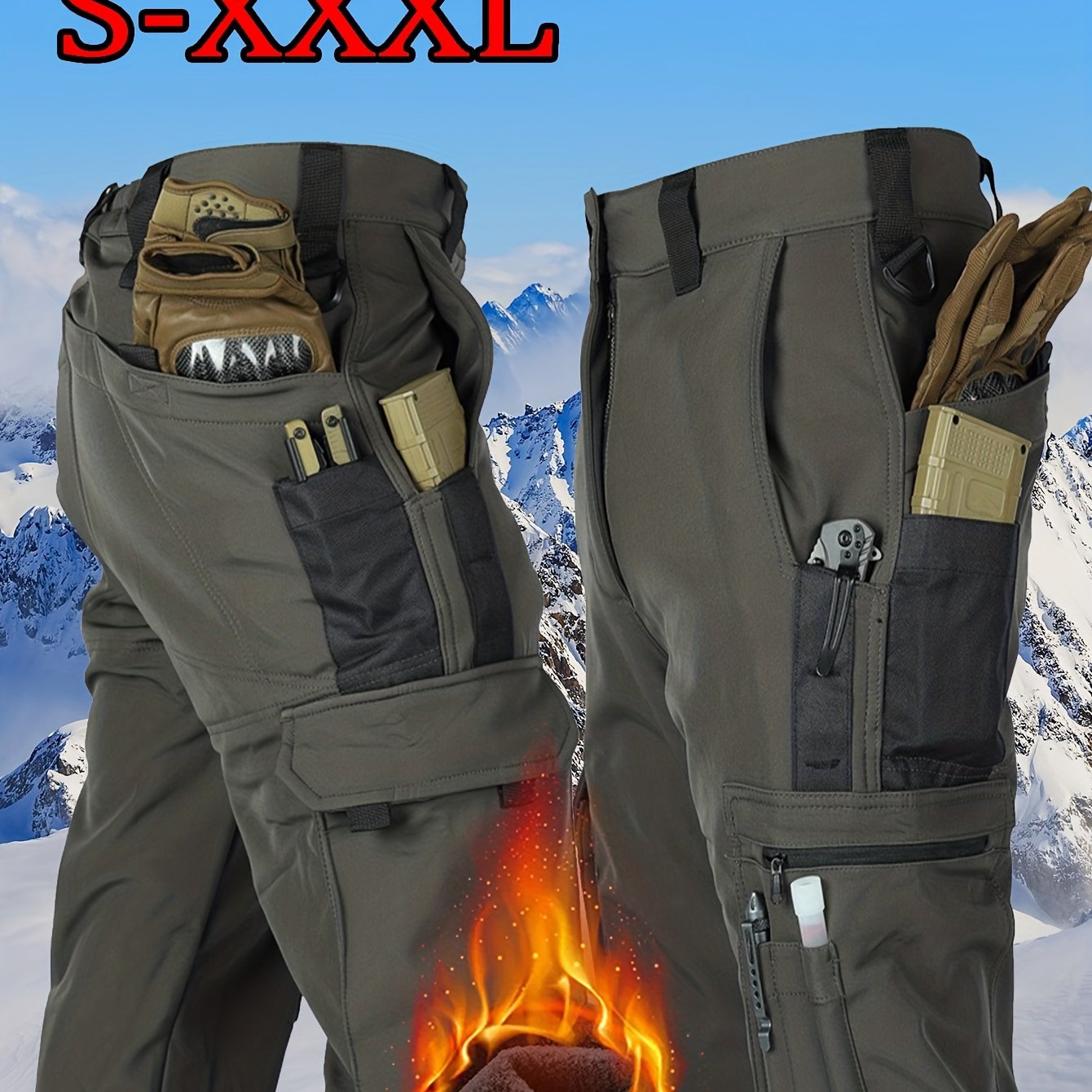 [Windproof | Fleece-Lined] Men's Windproof Fleece-Lined Ski Pants | All-Season Winter Snow Pants with Elastic Waist & Cargo Pockets, Softshell Tactical Hiking, Camping, Fishing Gear (Machine Washable)