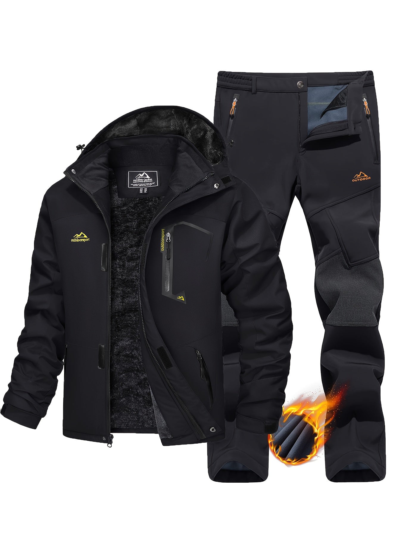 [1 Warm Jacket And 1 Pant] Men's Thermal Fleece Lined Jacket & Pants Set Winter Men's Windproof Snow Ski Suit Adjustable Storm Hood 5 Pockets 4 Zip Pockets Reinforced Knees Elastic Waist for Winter Hiking Camping Climbing Fis